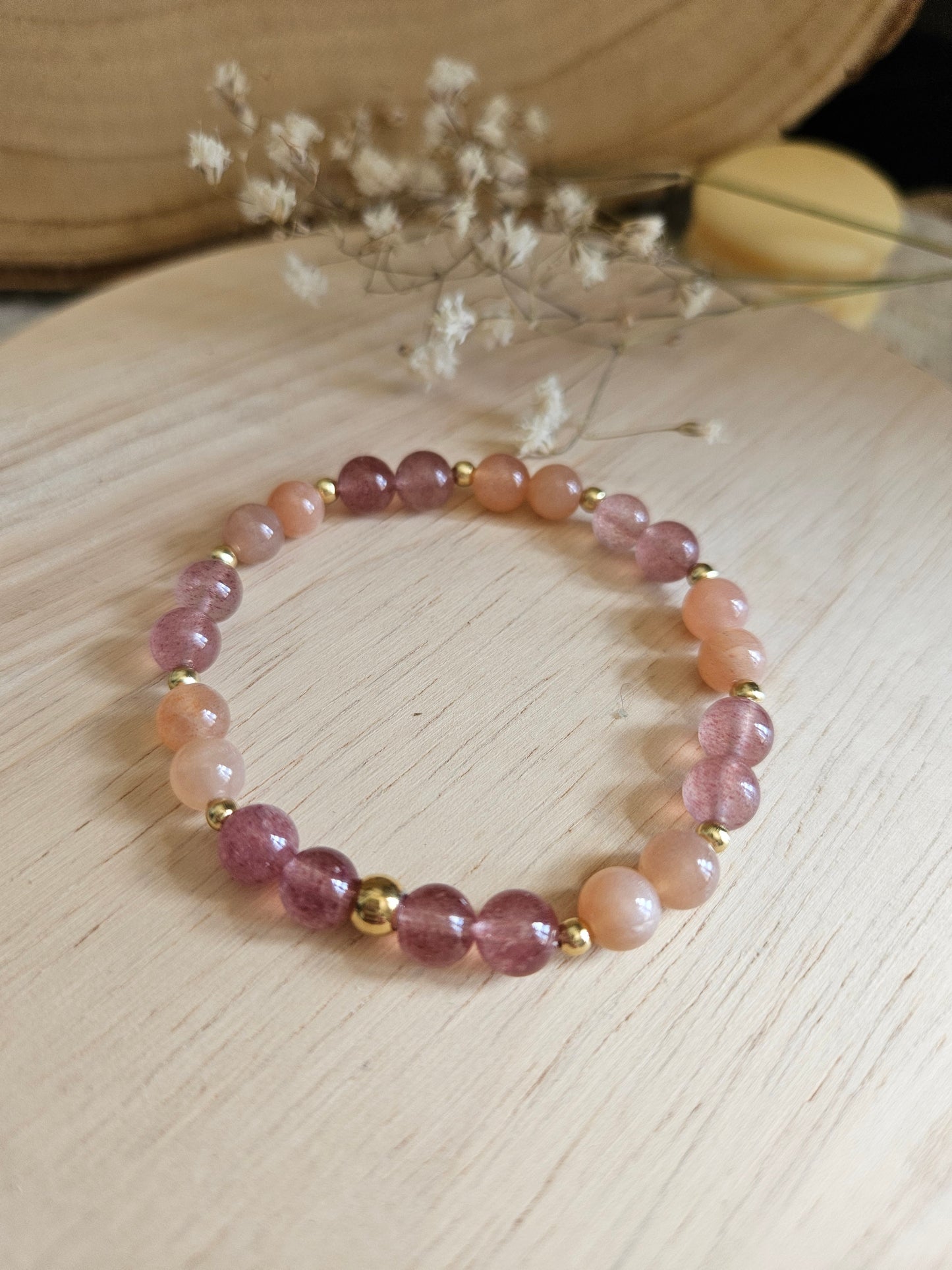 Bracelet Joie & Confiance – Pierre de Soleil & Quartz Fraise