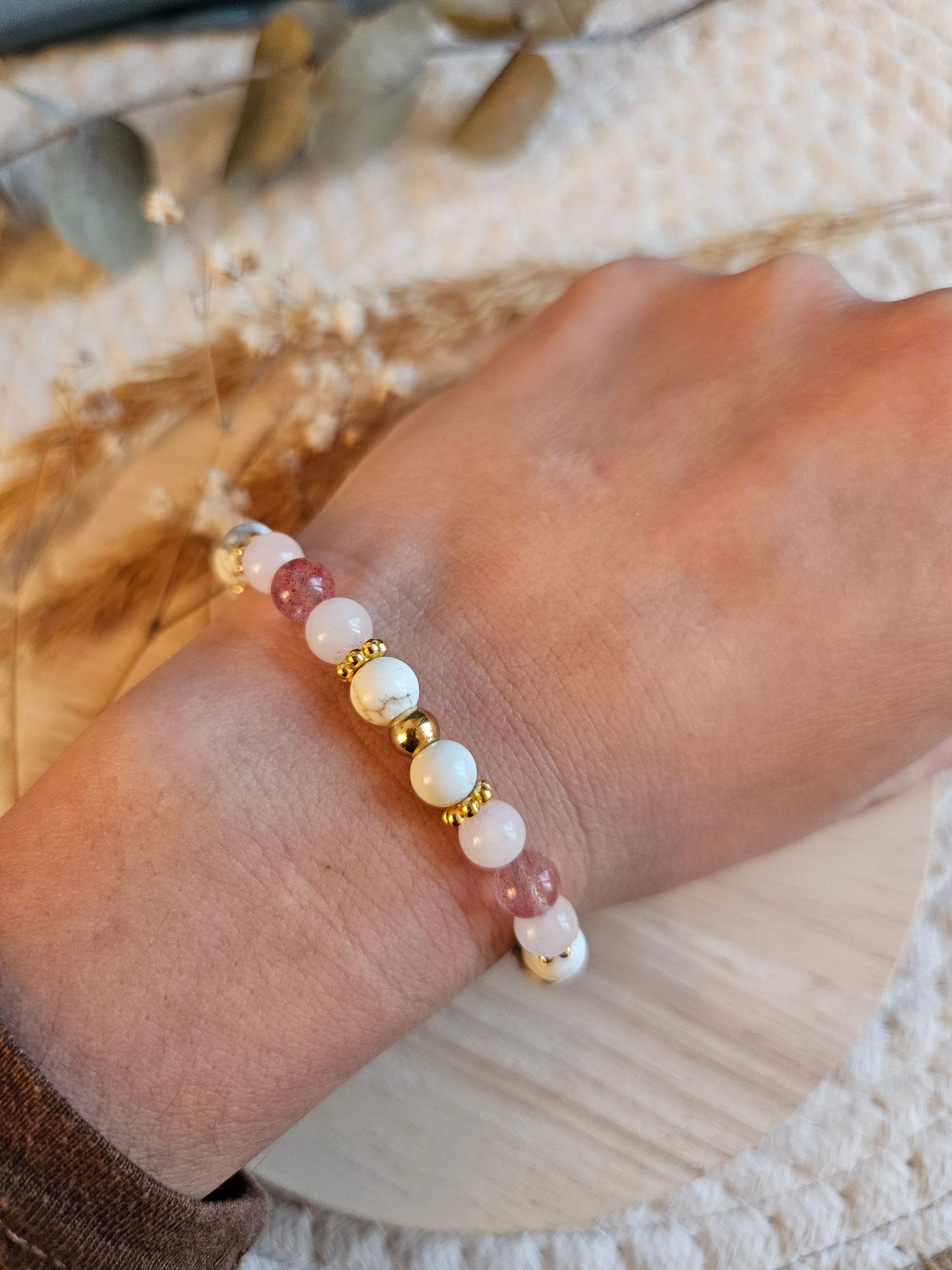 bracelet - quartz fraise - howlite - quartz rose