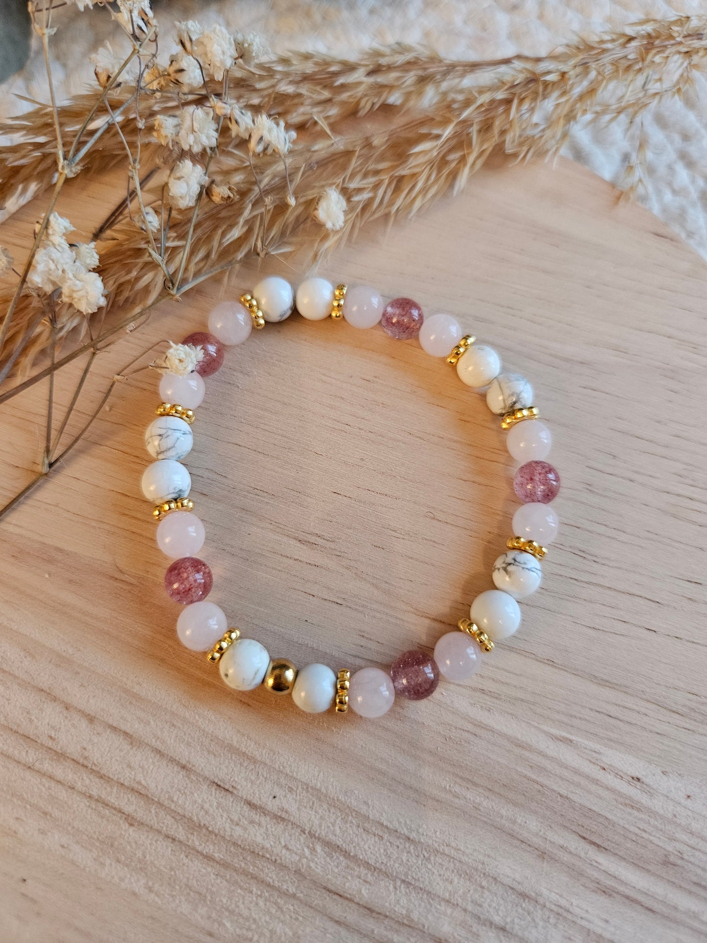 bracelet - quartz fraise - howlite - quartz rose