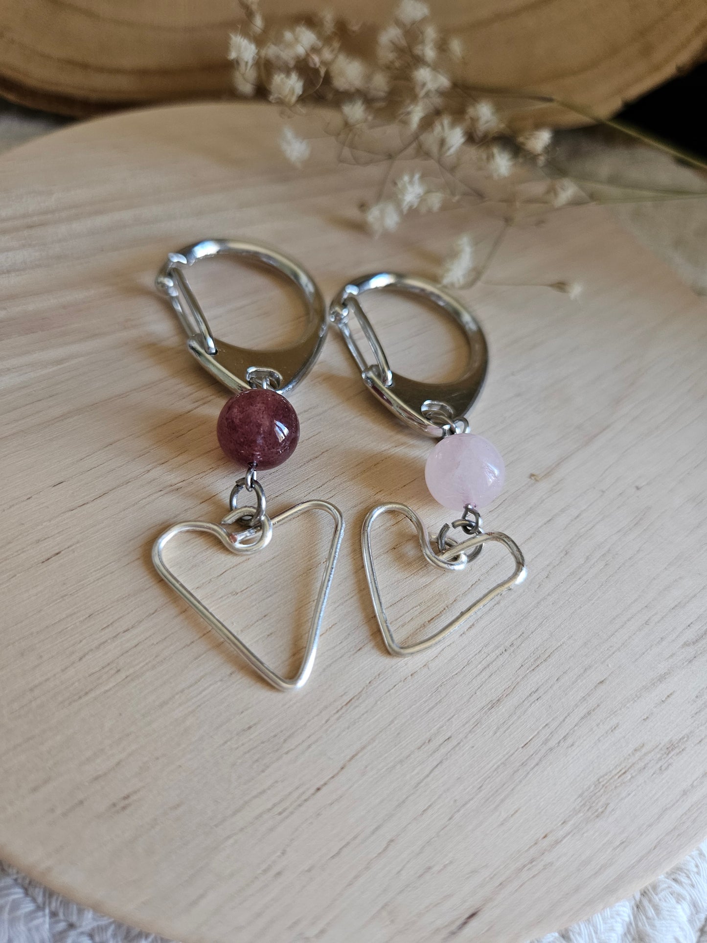 bijou de sac ou Porte-clés Cœur – Quartz Rose ou Quartz Fraise